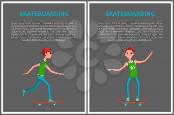 Vector go skateboarding day cards isolated on grey backdrop. Skateboarding set of posters cartoon characters with text, male with skateboard on training