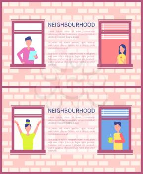 Neighbourhood poster with copy space for text, brick wall and open windows, people doing daily activities vector illustration reading man, eating woman