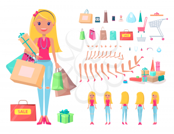 Shopaholic girl with shopping bags and carts set. Girl holds big heavy bags with purchases. Woman shopaholic constructor isolated vector illustration.