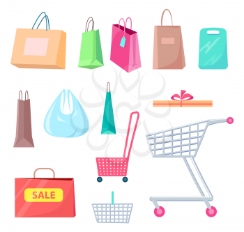 Sale collection of bags and carts, sale and packaging, shopping baskets and carts, shopping elements vector illustration isolated on white background