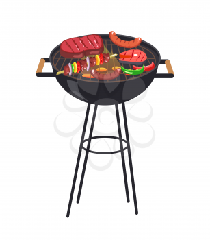 Roaster grill with meal set, grill and vegetables, steak and sausages, slice of salmon and brochette vector illustration isolated on white background