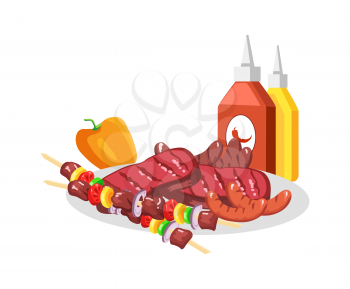 Barbecue food on white plate, vector illustration isolated on bright backdrop, delicious pork steaks, barbecue with various vegetables, sauces set