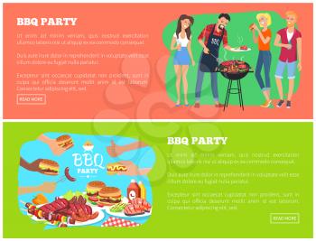 BBQ party and text samples, people cooking and grilling, bbq party website pages, and human hands with fast food, isolated on vector illustration