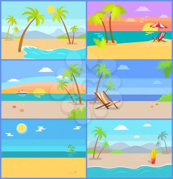 Tropical summer vector illustrations set with mountains, blue sky and palm trees, best place for work of freelancer, seascape ocean and sand, sunbeds