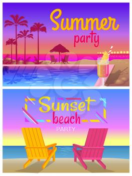 Summer sunset beach party promotional banners. Party with cocktails near pool and on beach with wooden deck chairs at sunset vector illustrations set.