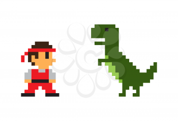 Pixel man and big Rex dinosaur vector poster isolated on white background, pixel predator animal with green skin, small man in red overall and bandage