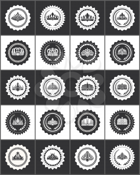 Round stamps with noble crowns and laurel branches set. Royal seals with heraldic symbols. Elegant crowns on monochrome stamps vector illustrations.
