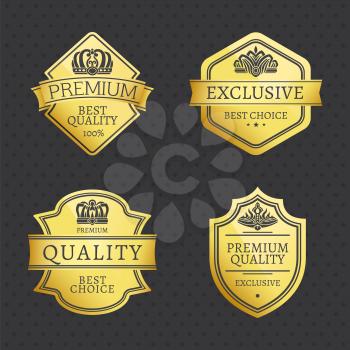 Set of premium quality exclusive golden labels best choice premium golden seals isolated on black background with rhombus elements vector illustrations
