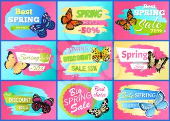 Sale spring discount collection, posters with discounts and spring sale, butterflies and headlines, offers vector illustration set isolated on pink