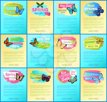 Best spring sale web collection, with text sample and headlines, butterflies and best spring sale and offers set, isolated on vector illustration