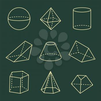 Set of figures icons isolated on dark backdrop vector illustration sphere and tetrahedron, triangular and pentagonal prisms, cylinder and blunted cone