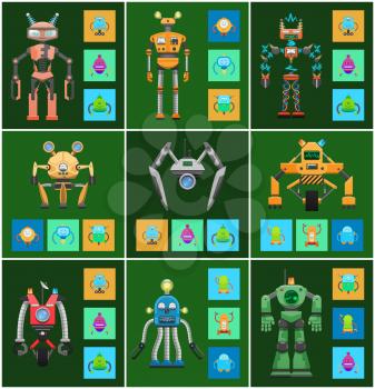 Robots creatures with intellect robots and wheels, screens and radars, different shapes of mechanisms vector illustration isolated on green background