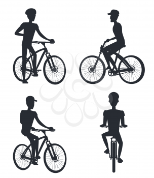 Set of people riding on bikes monochrome silhouettes vector illustration black human characters on bicycle isolated on white background in flat style