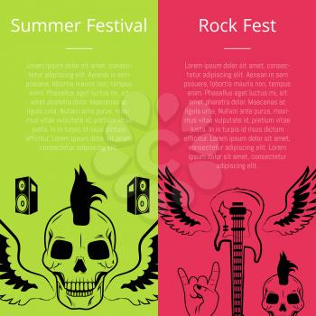 Summer festival rock fest set of posters. Vector illustration of skull with mohawk haircut, small speakers, electric guitar, wings and sign of horns