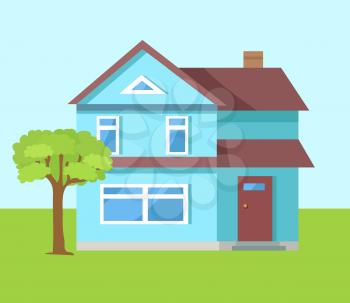 Three storey house of blue color with brown front door and big window on ground floor vector illustration on green lawn scenery with tree