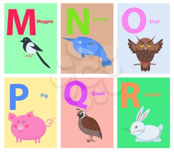 Zoo alphabet with cute animals cartoon vector. English letters M to R set with funny animals isolated flat illustrations. Childrens ABC with mammal, bird, pet for preschool education, kids books