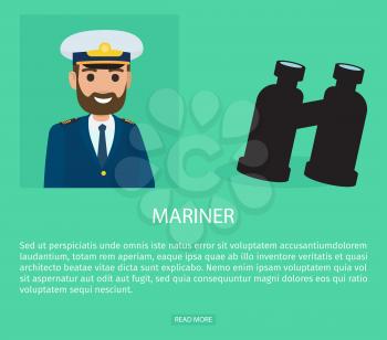 Mariner profession web banner. Smiling man in captain uniform cartoon character portrait with binoculars flat vector. People occupation illustration for job vacancy, construction company web page