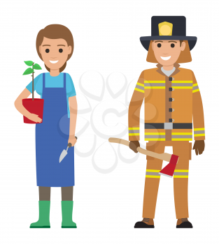 People professions vector characters. Smiling gardener woman with plant in pot and firefighter with ax cartoon characters isolated on white. Occupations flat illustration for labor day, job concepts