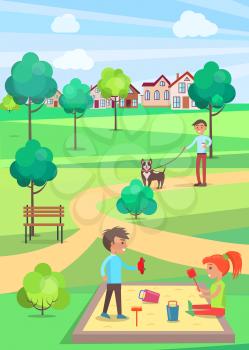 Children playing in sandbox with toys and man walking dog and looking on them. Summer relaxation in park template vector illustration