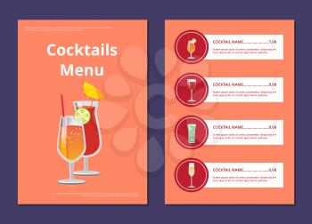 Cocktail menu advertisement poster with closeup of lemonade full of bubbles vector illustration of drinks ingredients, types and price on orange