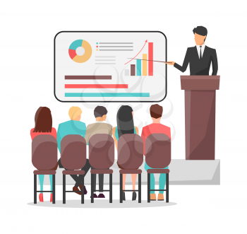 People look at presentation with graphics and speaker in suit at business classes isolated cartoon flat vector illustration on white background.
