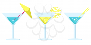 Set of cocktails in martini glasses decorated with yellow umbrella, lemon slice and straws vector illustrations isolated. Refreshing summer alcoholic drink