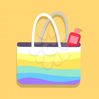 Summer bag for beach with spray inside poster. Vector closeup illustration in flat design of case of clothing for carrying things.
