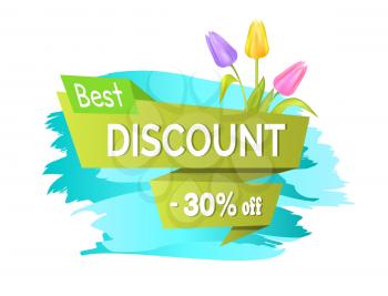 Best discount 30 off advertisement sticker colorful bouquet with three tulips of pink purple and yellow color vector illustration spring collection sale
