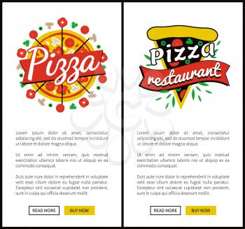 Pizza restaurant collection of sites with buttons, text sample and titles, logotypes of pizza with ingridients, vector illustration isolated on white