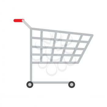 Colorful icon of product trolley, vector image with bright backdrop, two black wheel, red handle lot of rectangular holes on trolley case, metal bogie