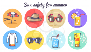 Sun safety for summer poster with umbrella and hat sunglasses and cool drinks, lotions and sun safety vector illustration isolated on white background