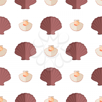 Shell and mollusk seamless pattern with seashells of brown color, shell with meat inside, pattern of seafood vector illustration isolated on white