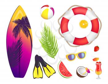 Summer elements collection, surfboard and palm leaf, lifebuoy and cocktail, cocktail and sunglasses, summer, vector illustration isolated on white
