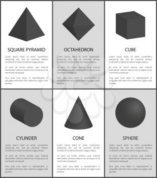 Square pyramid octahedron cylinder cone and sphere 3D geometric shapes vector illustration black geometry figures with text sample isolated on white