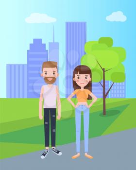 Man and woman in everyday apparel vector on background of skyscrapers in park. Male and female in jeans and tshirt, bearded man and brunette woman vector