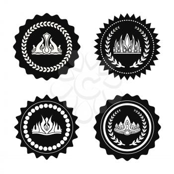 Crowns collection circles, crowns of unusual design with laurel branches, icons and silhouettes vector illustration, isolated on white background