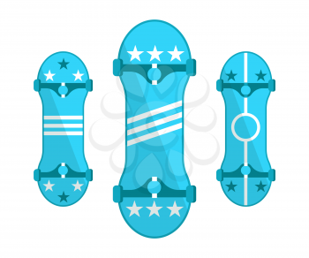 Skateboards isolated on white set longboards. Symbols of Go Skateboarding day, blue modern skateboards decorated by lines and stars, vector skate boards
