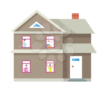 Two storey house people in windows vector illustration of brick house with chimney. Men and woman doing daily activities, cat sleeping on windowsill