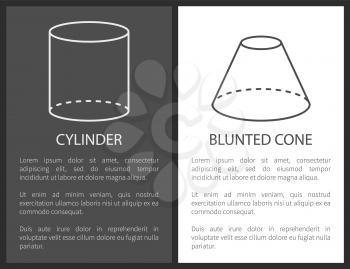 Cylinder and blunted cone geometric shapes simple figures sketches made from lines and dashes, blunted cone and cylinder projections vector set