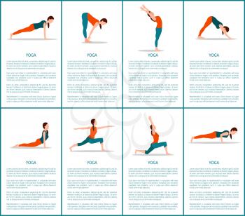 Yoga postures set, sporty woman, color banner, vector illustration, text sample, plank and warrior, moon and chaturanga, up and downward dog postures