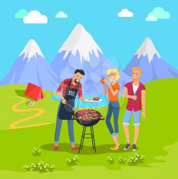 Beautiful mountain landscape and barbecue party, vector illustration, joyful people eating on nature, barbecue steaks and fish, kebab and sausages