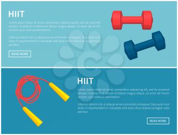 Hiit skipping rope and dumbbells pair color card, blue and red barbells, red twisted jumping rope with yellow handles, text sample vector illustration