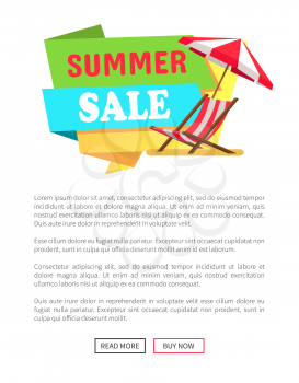 Summer sale label with sunbed chaise lounge and striped umbrella vector web poster design with push buttons read more and buy now. Promo sale banner