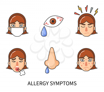 Allergy symptoms of person suffering from pain isolated icons set vector. Runny nose, rash face skin, anger and cough, tear drop. Sensitivity of body