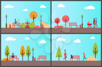 Woman working with project on laptop in autumn park vector. Father and mother with kid walking along trees, man playing with bird. Teenager strolling