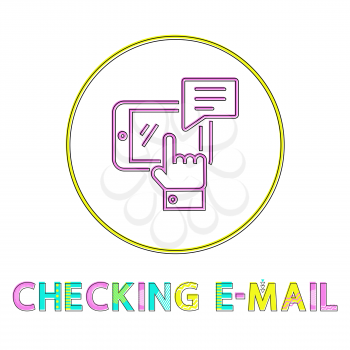 Checking email round minimalistic linear icon. Sensor button with smartphone, speech cloud and palm in circle outline symbol vector illustration.