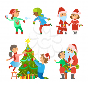 Christmas holiday winter fun of children outdoors vector. Snowball fight game, boy and girl playing game. Santa Claus with helper, decoration of tree