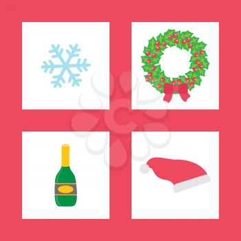 Christmas wreath circle made of mistletoe leaves vector. Snowflake snow, champagne beverage poured in bottle santa claus hat symbols of winter holiday