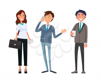 Man meeting with businesswoman and businessman vector. Boss director talking on phone, business call consultation. Workers company partners associates