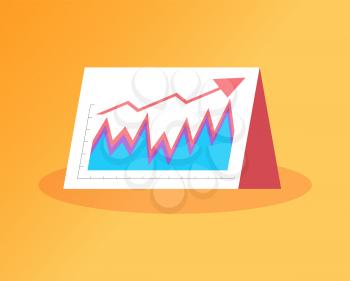 Increase of sales, banner with arrow and raising graphs and charts. Standing paper with statistical information vector in flat style isolated on orange